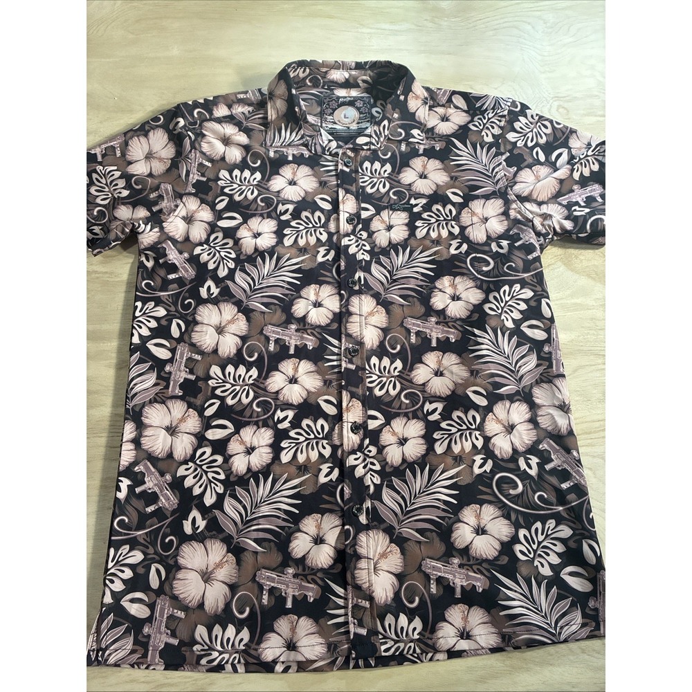 Retro Rifle Shotgun Safari Shirt Men's Large Stretch Tropical Floral Brown